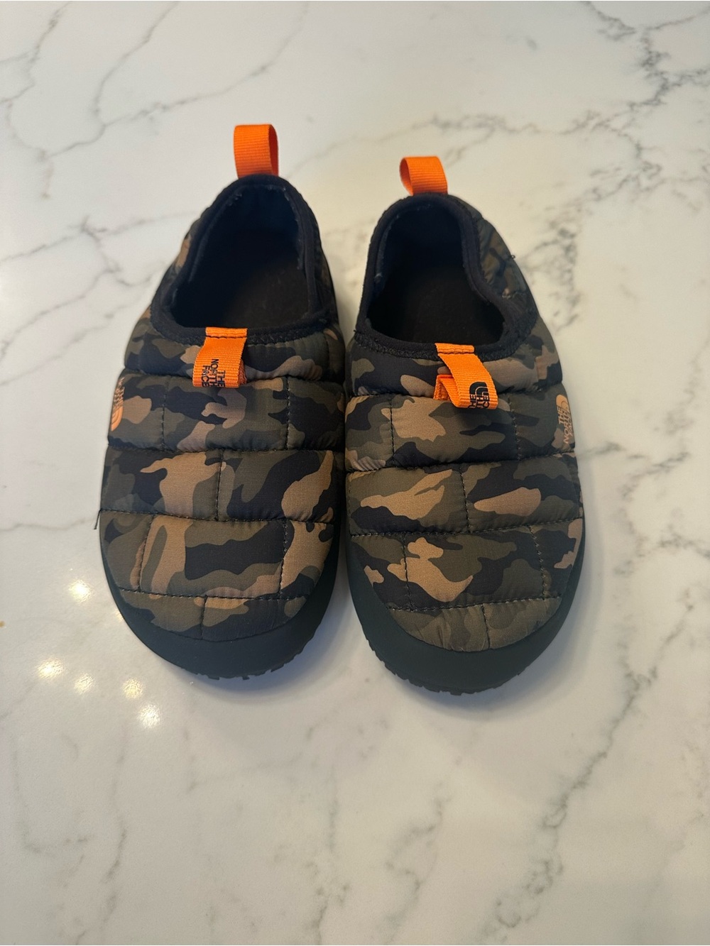 The North Face Kids Camo Slip-On Slippers with Orange Pull Tabs